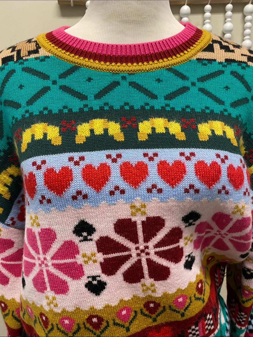 kate spade Multicolor Floral & Heart Crewneck Sweater - Teal/Pink/Red/Yellow - Picture 3 of 11